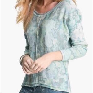 Free People Sz XS Sweater Blue Foral Print Long Dolman Sleeves Wool Blend